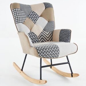 Kosydown Basic Rocking Chair Nursery Glider Rocker Armchair with High Backrest for Living Room Bedroom Offices Upholstered Comfy Colorful Plaid Bohemian Style Chairs Indoor