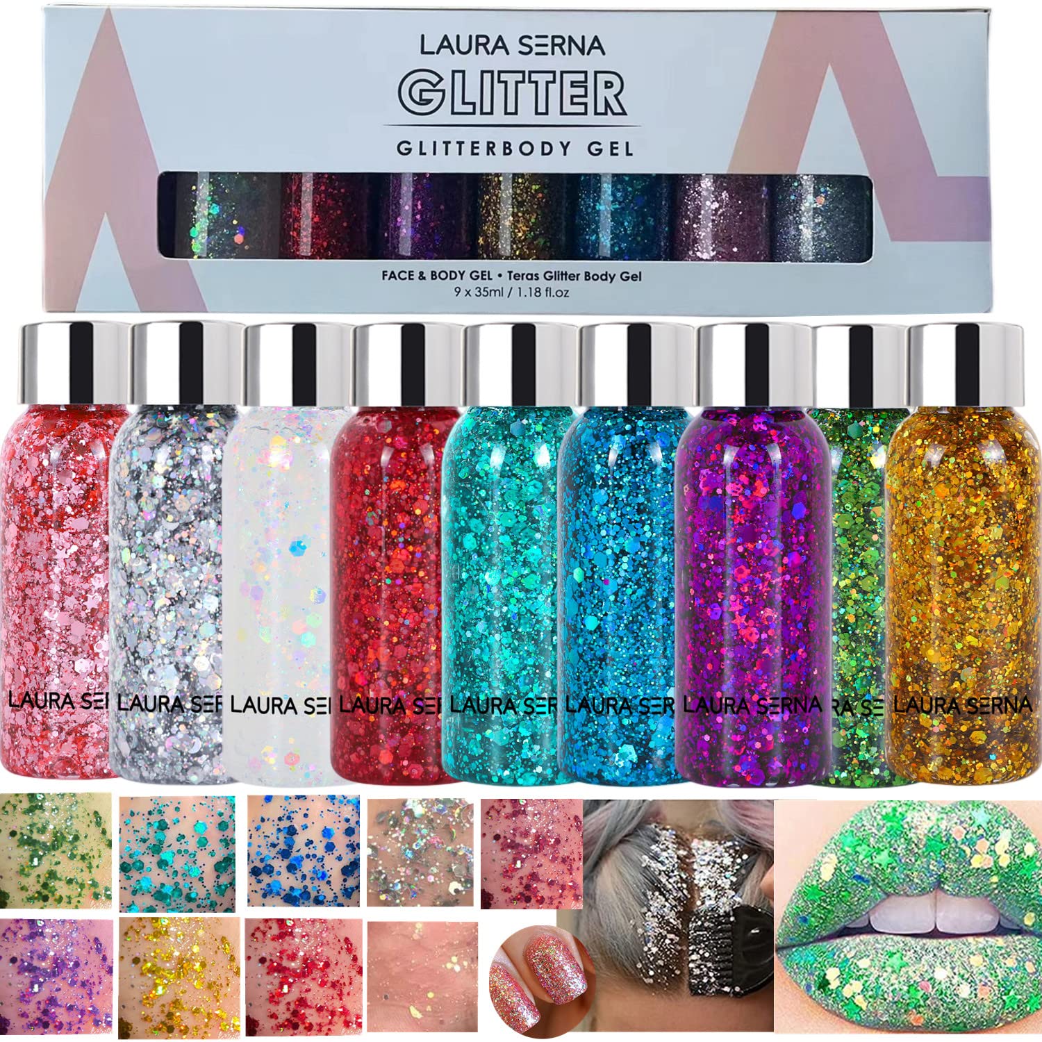 9 Pack Body Glitter Gel, Mermaid Sequin Chunky Glitter Face Hair Nail Lip Glitter Gel Lasting Sparkling Lotion Glitter Liquid Eye Shadow for Festival Birthday Makeup Party