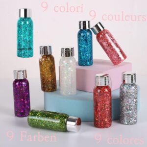 9 Pack Body Glitter Gel, Mermaid Sequin Chunky Glitter Face Hair Nail Lip Glitter Gel Lasting Sparkling Lotion Glitter Liquid Eye Shadow for Festival Birthday Makeup Party