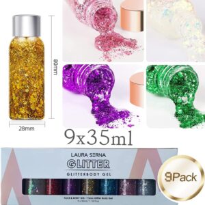 9 Pack Body Glitter Gel, Mermaid Sequin Chunky Glitter Face Hair Nail Lip Glitter Gel Lasting Sparkling Lotion Glitter Liquid Eye Shadow for Festival Birthday Makeup Party