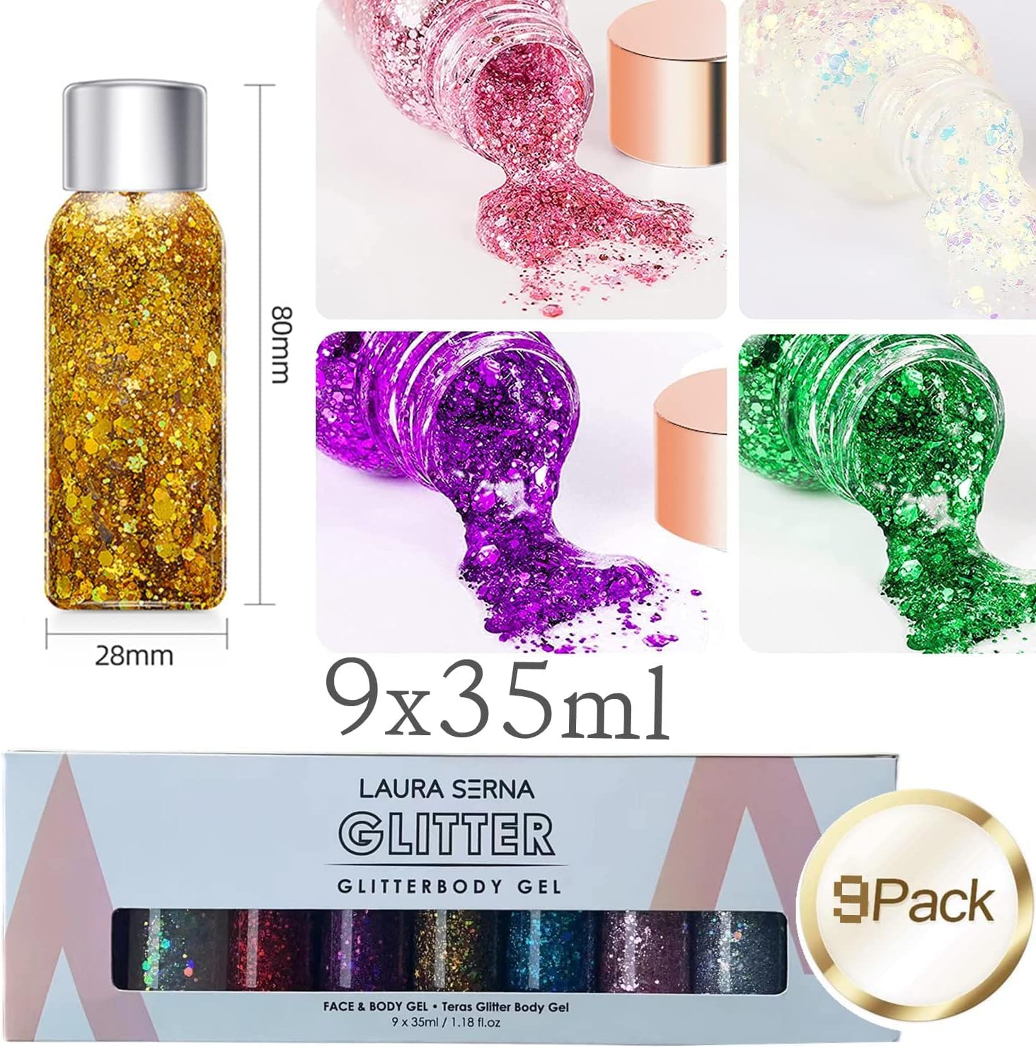 9 Pack Body Glitter Gel, Mermaid Sequin Chunky Glitter Face Hair Nail Lip Glitter Gel Lasting Sparkling Lotion Glitter Liquid Eye Shadow for Festival Birthday Makeup Party