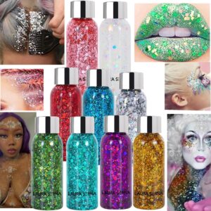 9 Pack Body Glitter Gel, Mermaid Sequin Chunky Glitter Face Hair Nail Lip Glitter Gel Lasting Sparkling Lotion Glitter Liquid Eye Shadow for Festival Birthday Makeup Party