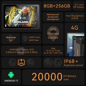 DORLAND EX Tablet09 10.1" Android 13.0 Tablet, Octa-Core 8GB+256GB, Intrinsically Safe Tablet, 20000mAh Rugged Tablet, IP68 Waterproof Tablet, Dual SIM, GPS, OTG 33W Fast Charging, Black