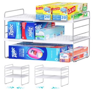 oylik expanadable foil and plastic wrap organizer, 3 tier stackable kitchen cabinet pantry storage shelf, height adjustable, kitchen organizers and storage rack boxes of foil plastic saran wrap