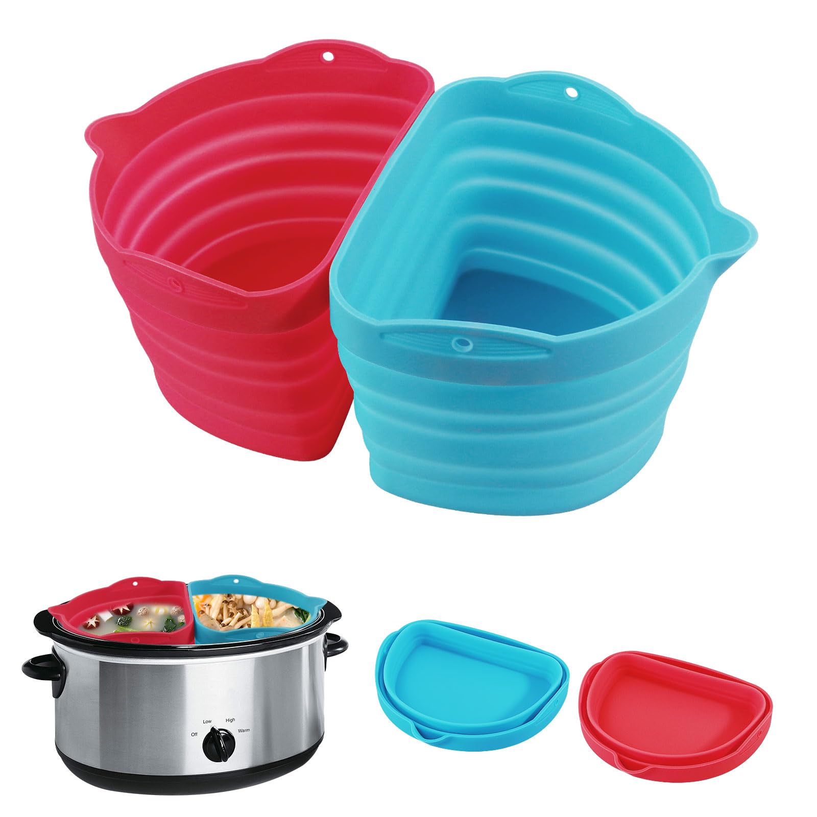 Slow Cooker Divider Liner fit 6-8 QT Crockpot,Dishwasher Safe Cooking Liner for 6-8 Quart Pot, Reusable & Leakproof Silicone Crockpot Divider (Blue&Red)