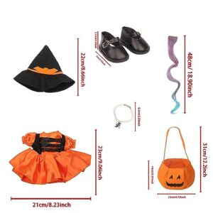 MSYO 7 Pcs Halloween Doll Clothes and Accessories for 18-Inch Doll, Orange Halloweend Doll Outfit, Doll Dress, Doll Shoes, Doll Necklace, Doll Hat, Doll Wigs, Pumpkin Bag, Halloween Doll Costume