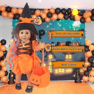 MSYO 7 Pcs Halloween Doll Clothes and Accessories for 18-Inch Doll, Orange Halloweend Doll Outfit, Doll Dress, Doll Shoes, Doll Necklace, Doll Hat, Doll Wigs, Pumpkin Bag, Halloween Doll Costume