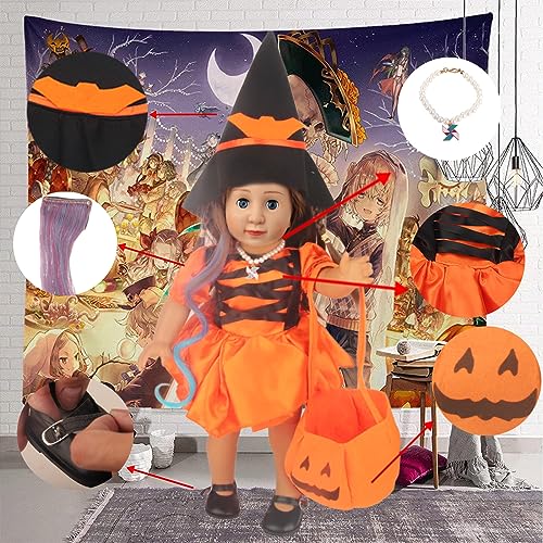 MSYO 7 Pcs Halloween Doll Clothes and Accessories for 18-Inch Doll, Orange Halloweend Doll Outfit, Doll Dress, Doll Shoes, Doll Necklace, Doll Hat, Doll Wigs, Pumpkin Bag, Halloween Doll Costume