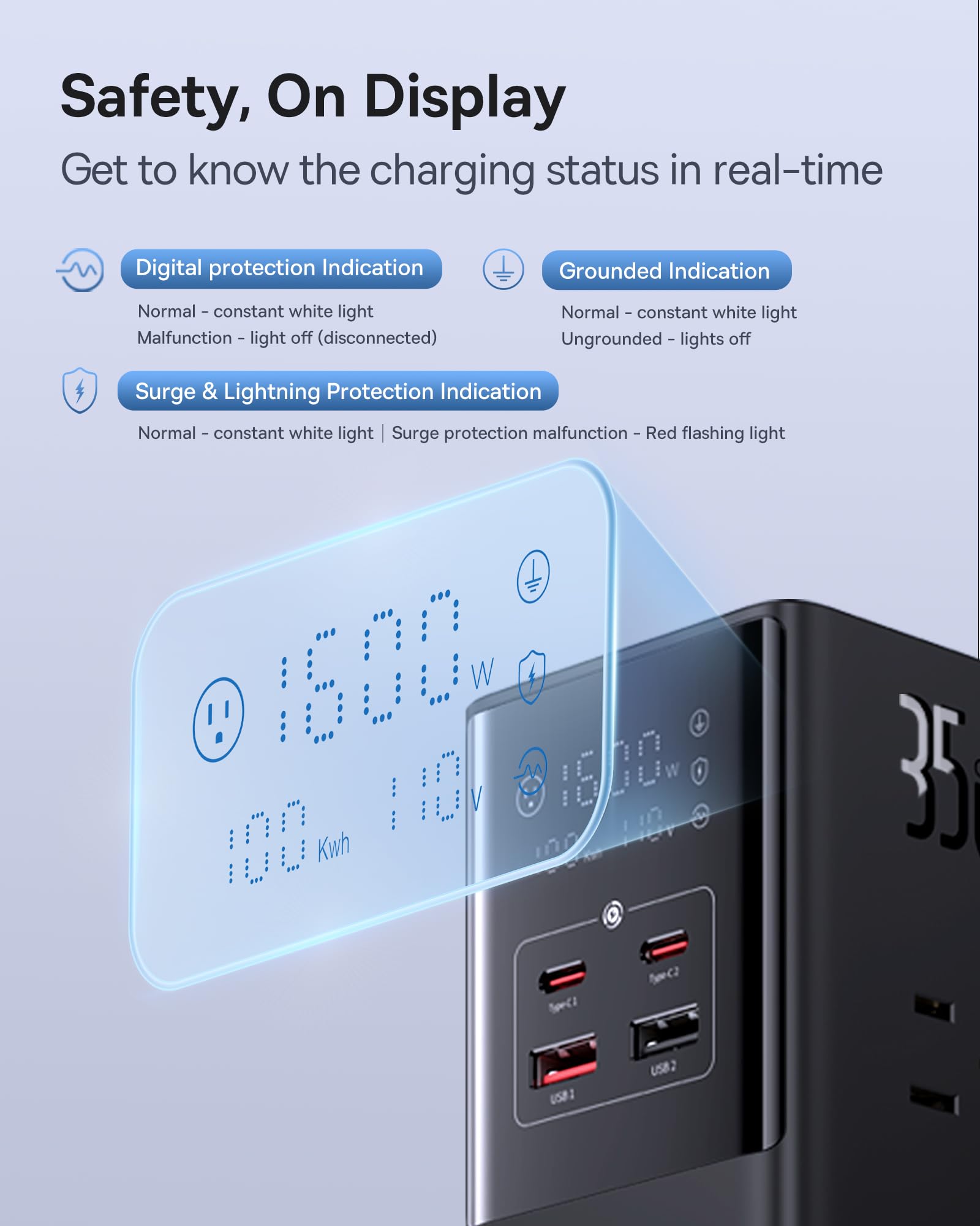 Baseus Charging Station, 10 in 1 USB Power Strip 35W with 1200J Surge Protector, 6 AC + 2 USB-C + 2 USB-A Port, Fast Charging Desktop Charger for iPhone 15/14 Series, iPad, Game, Home, Office (35W)