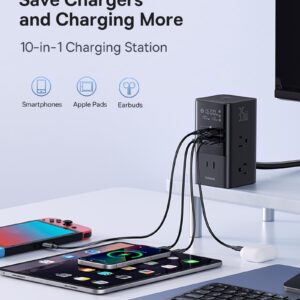 Baseus Charging Station, 10 in 1 USB Power Strip 35W with 1200J Surge Protector, 6 AC + 2 USB-C + 2 USB-A Port, Fast Charging Desktop Charger for iPhone 15/14 Series, iPad, Game, Home, Office (35W)