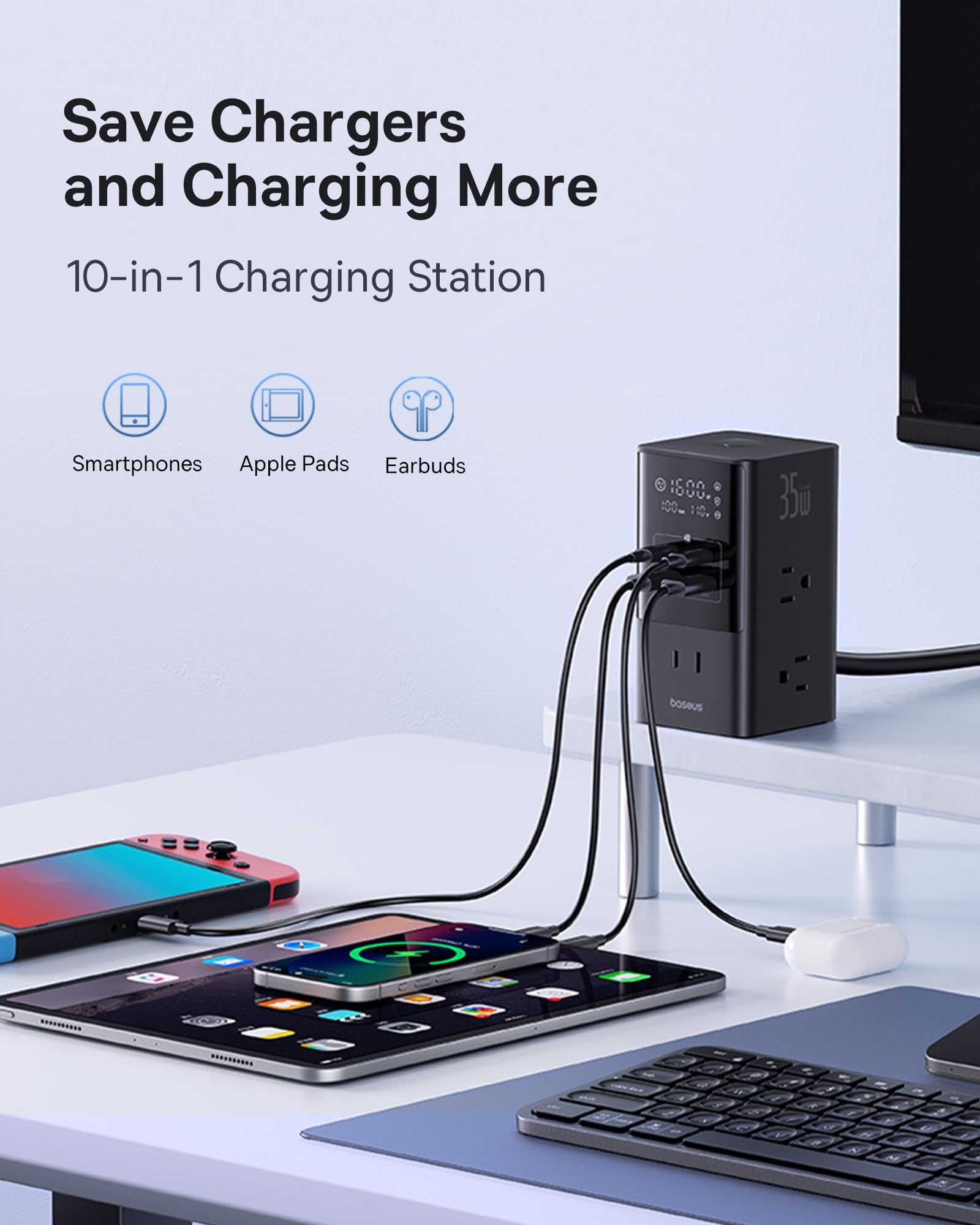 Baseus Charging Station, 10 in 1 USB Power Strip 35W with 1200J Surge Protector, 6 AC + 2 USB-C + 2 USB-A Port, Fast Charging Desktop Charger for iPhone 15/14 Series, iPad, Game, Home, Office (35W)