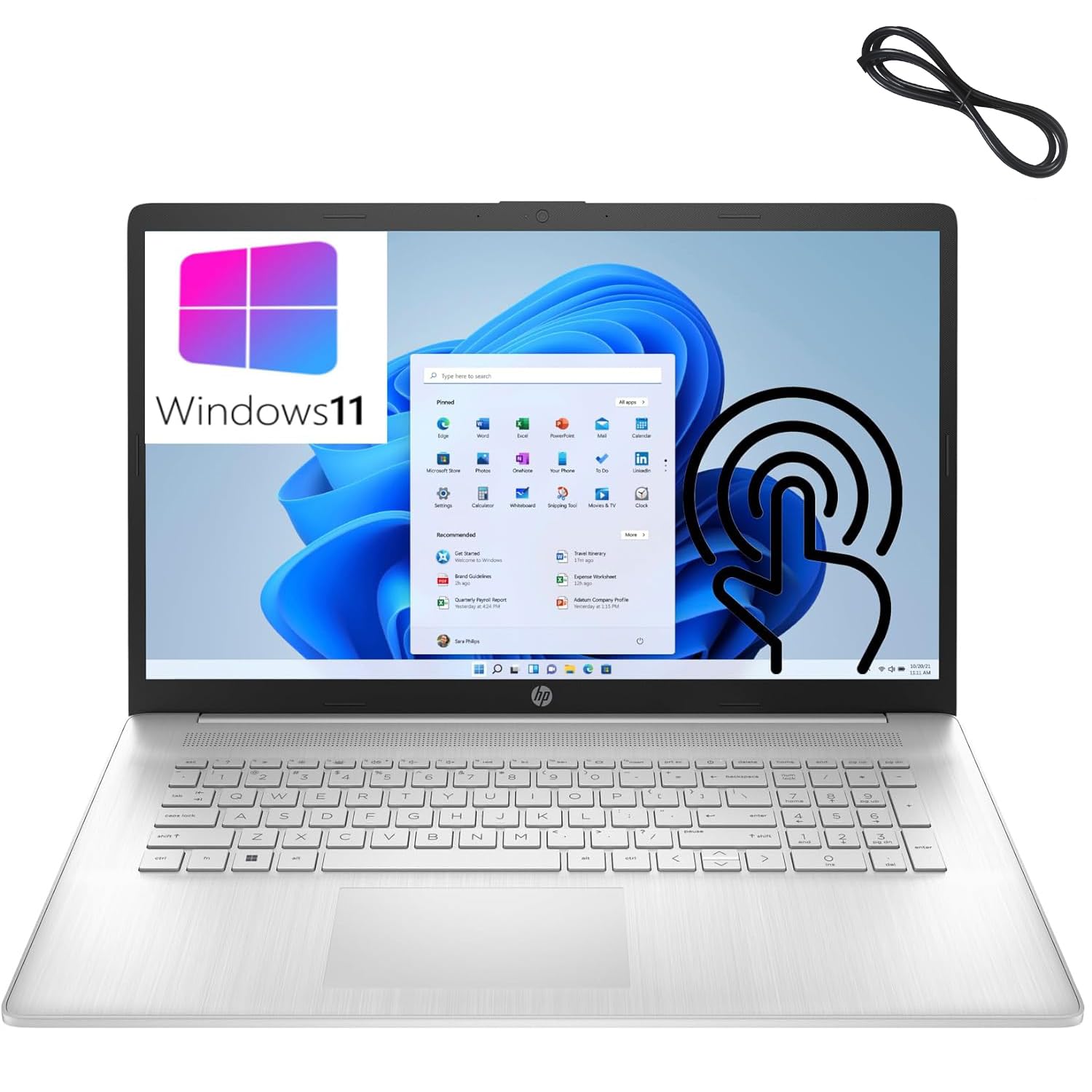 HP 17 17.3" Touchscreen HD+ Laptop Computer, Quad-Core AMD Ryzen 3 5300U (Beat i3-1115G4), 8GB DDR4 RAM, 512GB PCIe SSD, WiFi 6, Bluetooth 5.2, Natural Silver, Windows 11 Home, BROAG Cable