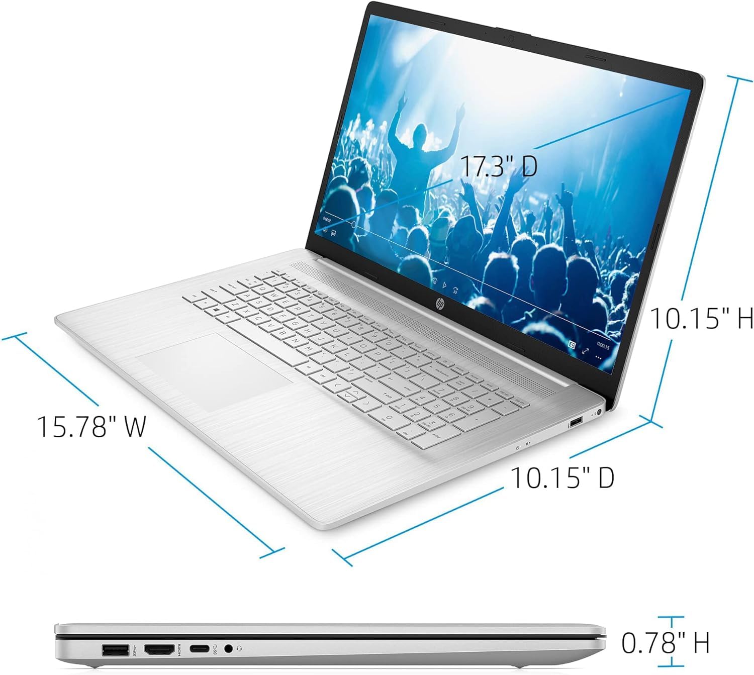 HP 17 17.3" Touchscreen HD+ Laptop Computer, Quad-Core AMD Ryzen 3 5300U (Beat i3-1115G4), 8GB DDR4 RAM, 512GB PCIe SSD, WiFi 6, Bluetooth 5.2, Natural Silver, Windows 11 Home, BROAG Cable