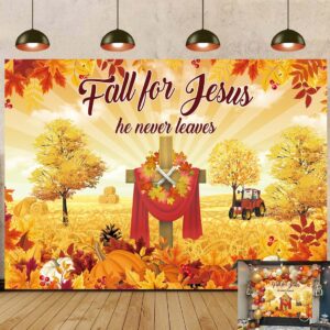 fall for jesus backdrop autumn thanksgiving he never leaves photography background maple leaves pumpkin sunflower friendsgiving christian religion supplies photo banner (6x4ft(70x40inch))