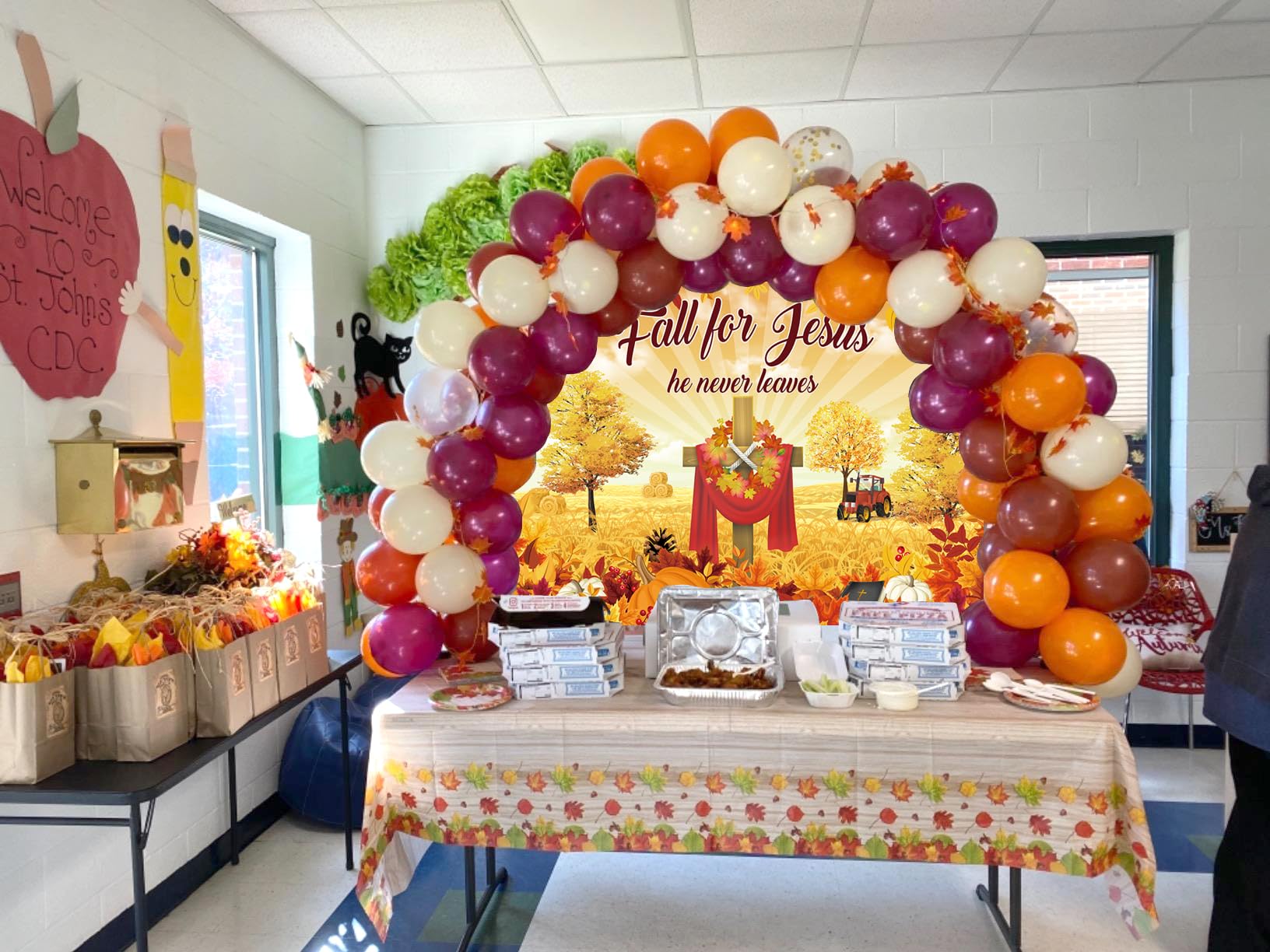 Fall for Jesus Backdrop Autumn Thanksgiving He Never Leaves Photography Background Maple Leaves Pumpkin Sunflower Friendsgiving Christian Religion Supplies Photo Banner (6x4ft(70x40inch))