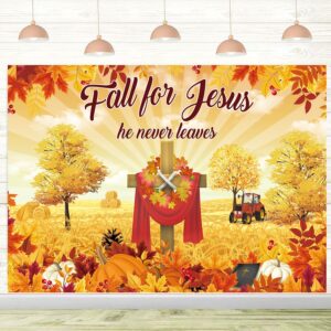 Fall for Jesus Backdrop Autumn Thanksgiving He Never Leaves Photography Background Maple Leaves Pumpkin Sunflower Friendsgiving Christian Religion Supplies Photo Banner (6x4ft(70x40inch))