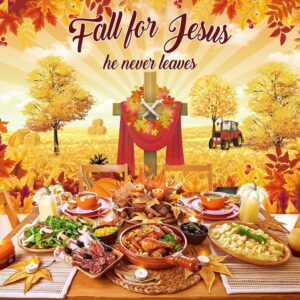 Fall for Jesus Backdrop Autumn Thanksgiving He Never Leaves Photography Background Maple Leaves Pumpkin Sunflower Friendsgiving Christian Religion Supplies Photo Banner (6x4ft(70x40inch))