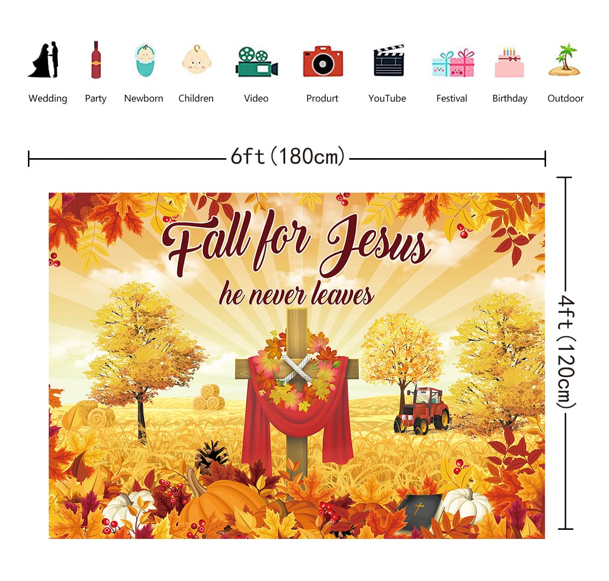 Fall for Jesus Backdrop Autumn Thanksgiving He Never Leaves Photography Background Maple Leaves Pumpkin Sunflower Friendsgiving Christian Religion Supplies Photo Banner (6x4ft(70x40inch))