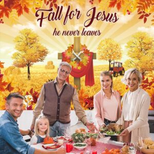 Fall for Jesus Backdrop Autumn Thanksgiving He Never Leaves Photography Background Maple Leaves Pumpkin Sunflower Friendsgiving Christian Religion Supplies Photo Banner (6x4ft(70x40inch))
