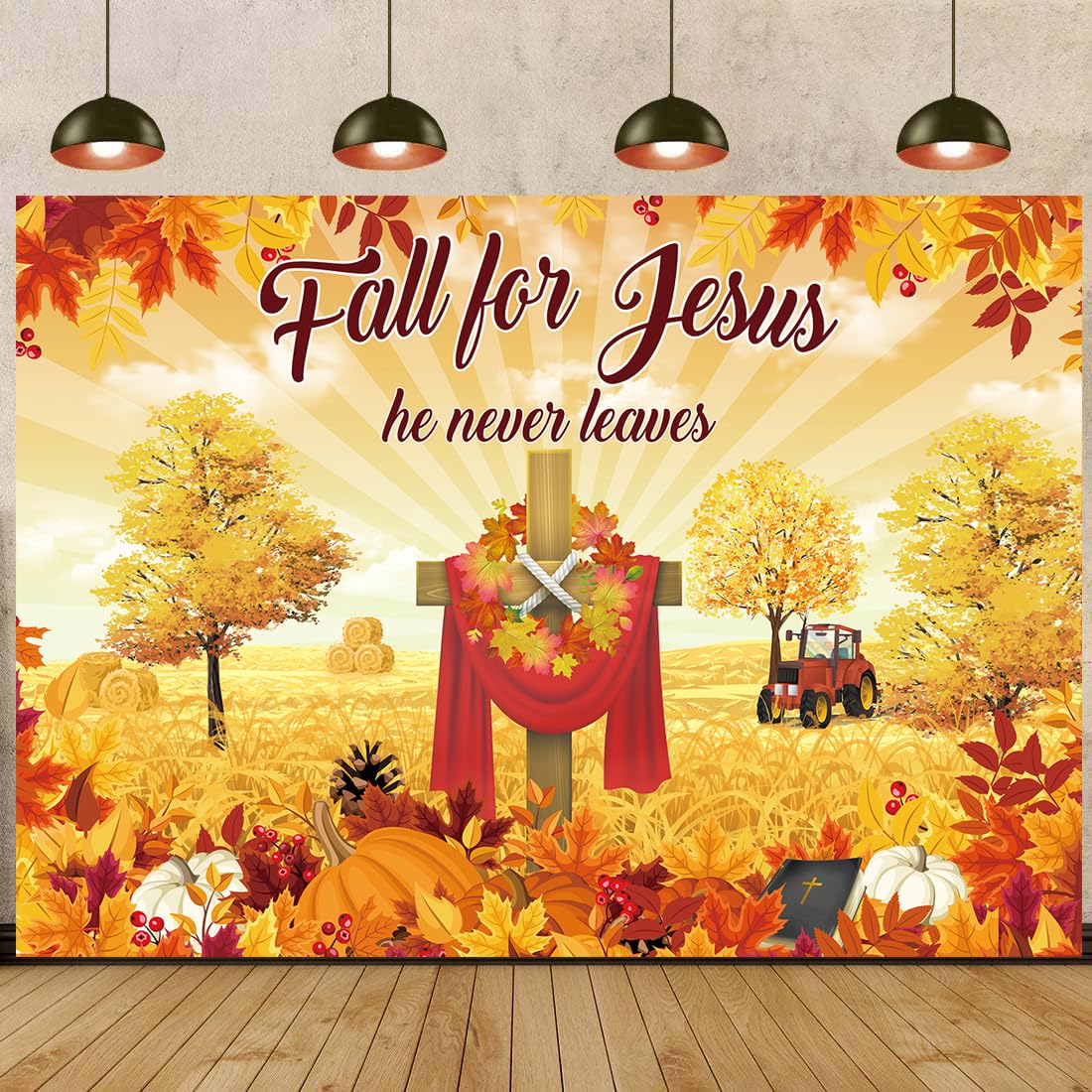 Fall for Jesus Backdrop Autumn Thanksgiving He Never Leaves Photography Background Maple Leaves Pumpkin Sunflower Friendsgiving Christian Religion Supplies Photo Banner (6x4ft(70x40inch))