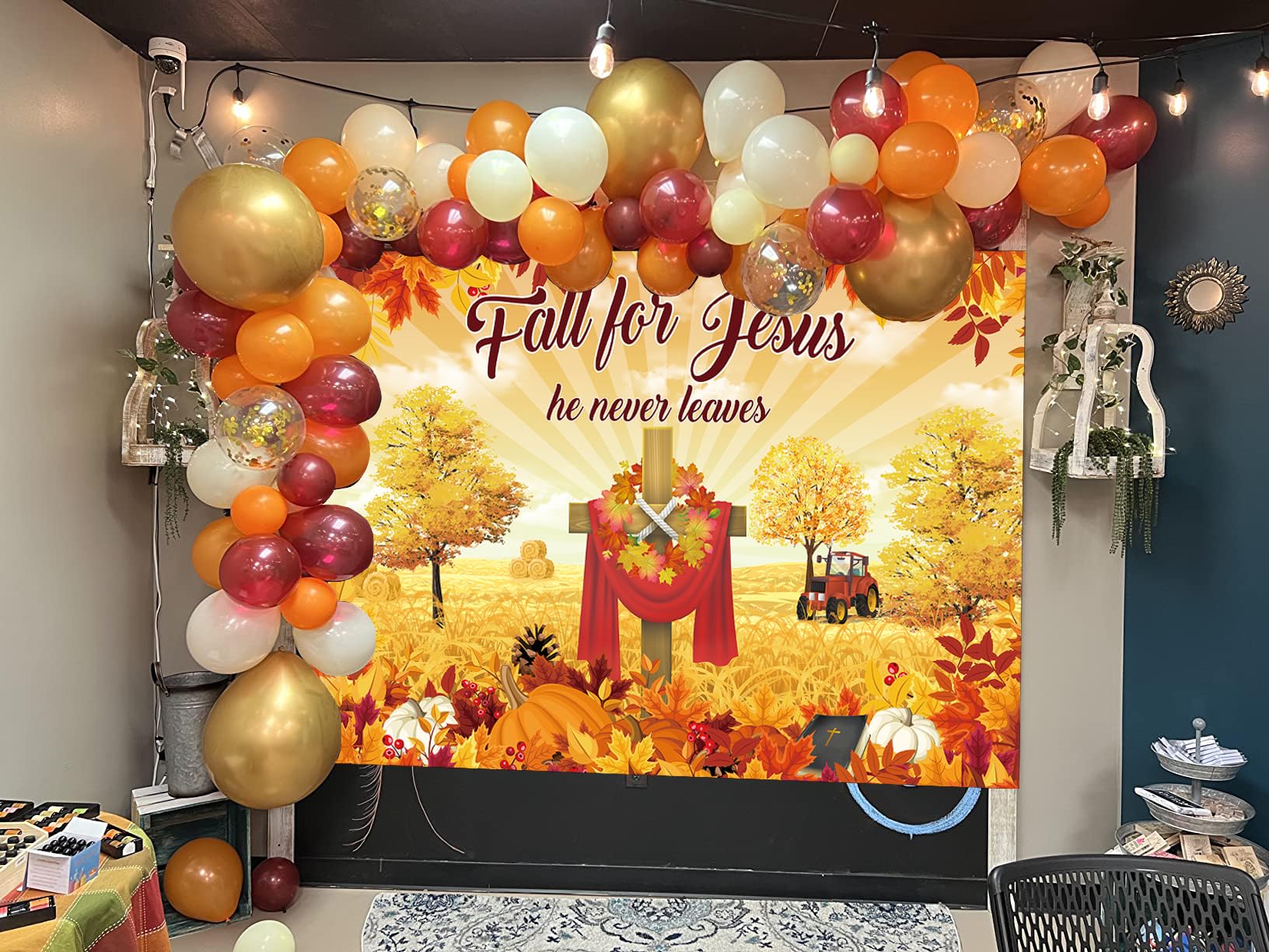 Fall for Jesus Backdrop Autumn Thanksgiving He Never Leaves Photography Background Maple Leaves Pumpkin Sunflower Friendsgiving Christian Religion Supplies Photo Banner (6x4ft(70x40inch))