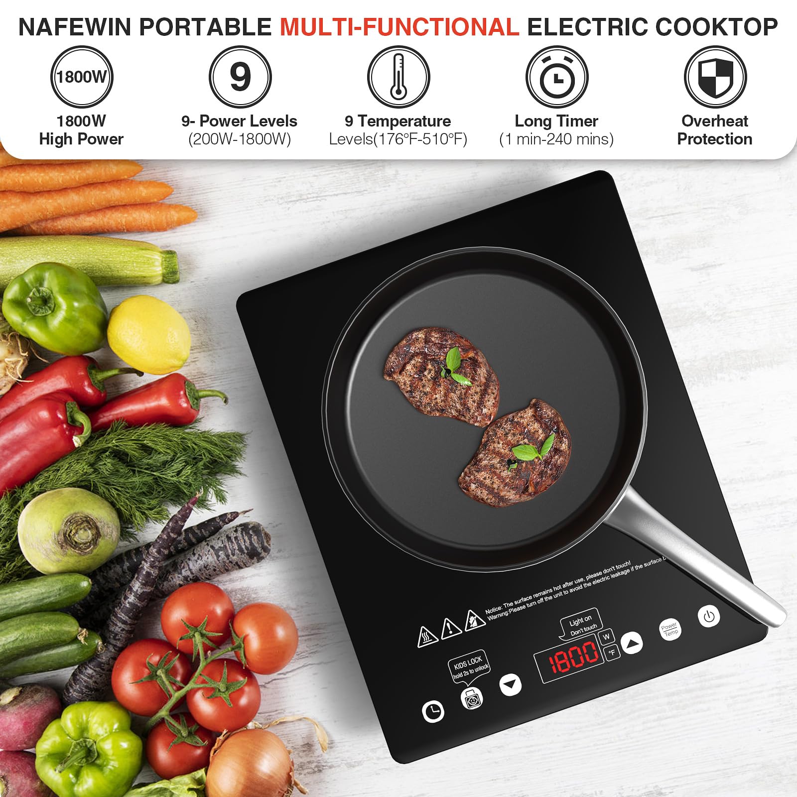 Electric Cooktop Single Burner, 1800W Electric Stove Top Portable, Electric Hot Plate 110v Plug in Countertop,Child Safety Lock,Timer,9 Power Level, Compatible for All Cookware, Induction Cookotp