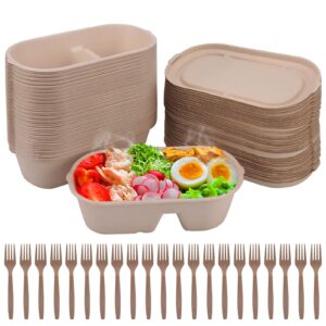 50pcs disposable bowls with lids and forks,2 compartment paper pulp compostable food storage container,biodegradable disposable bowls leakproof and microwave safe,for hot/cold use