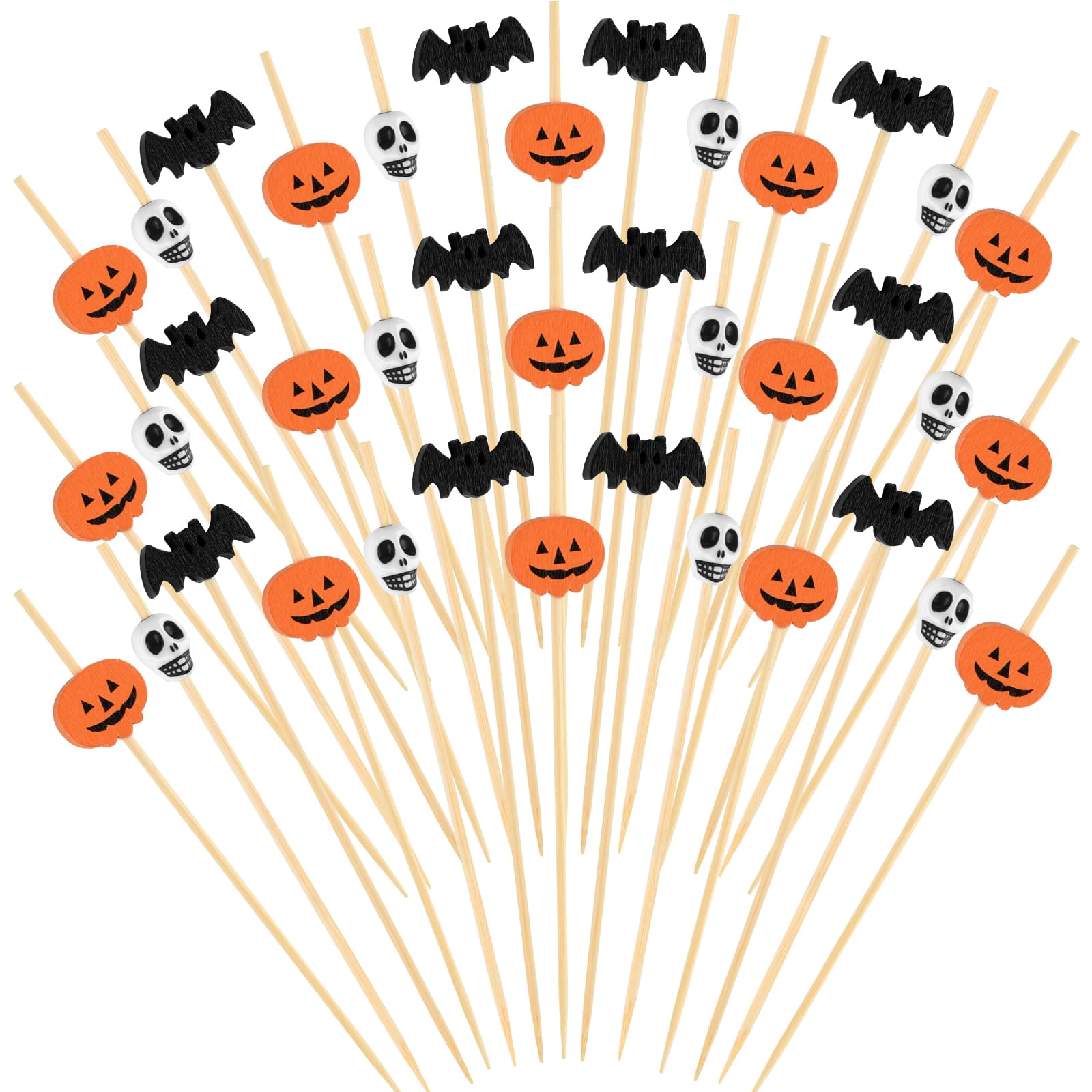 ASTARON 150 Counts Halloween Pumpkin Cocktail Picks for Halloween Party Supplies Wooden Bats and Skull Cocktail Picks 4.7 in Appetizer Picks Fruit Forks for Halloween Decorations