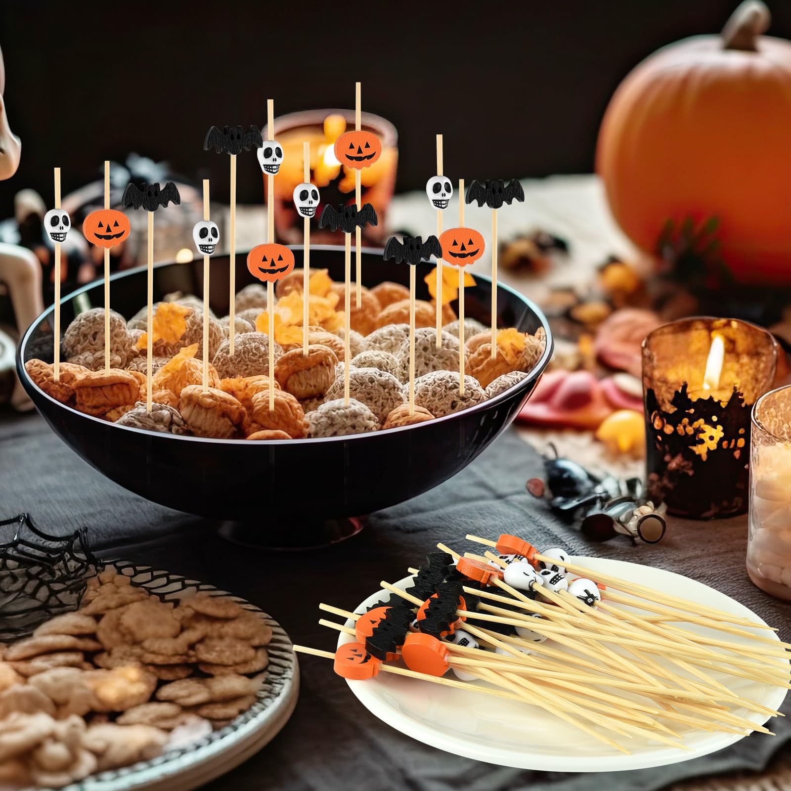 ASTARON 150 Counts Halloween Pumpkin Cocktail Picks for Halloween Party Supplies Wooden Bats and Skull Cocktail Picks 4.7 in Appetizer Picks Fruit Forks for Halloween Decorations