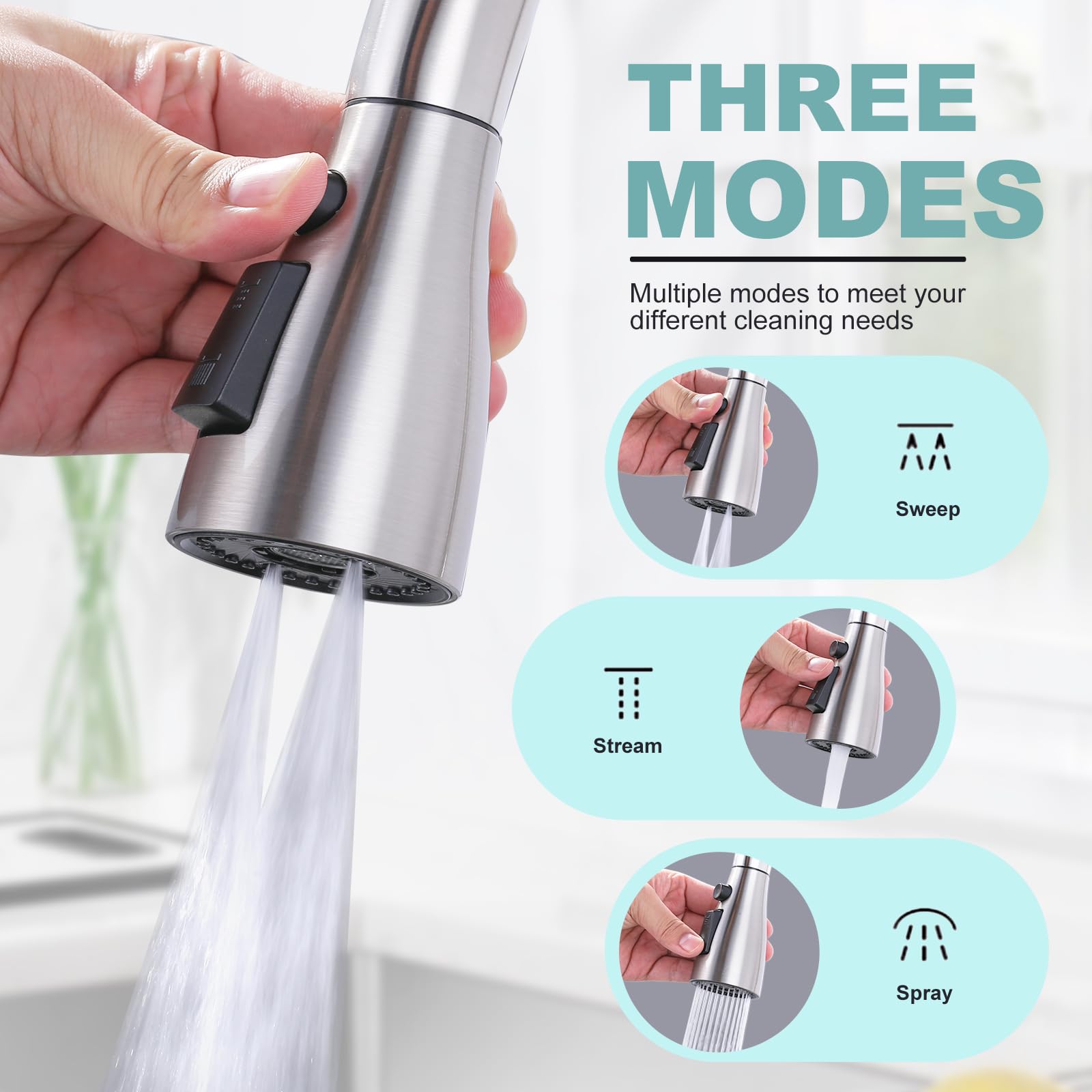 ARCORA Kitchen Faucet Spray Head Brushed Nickel, 3-Function Kitchen Sink Spray Nozzle with 9 Adapters, Kitchen Faucet Head Replacement Compatible with Moen, Delta, American Standard Faucets