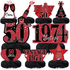 9pcs 50th birthday decorations red and black 50th birthday party decorations for women,happy 50 years birthday vintage 1974 aged honeycomb centerpieces table sign decor supplies