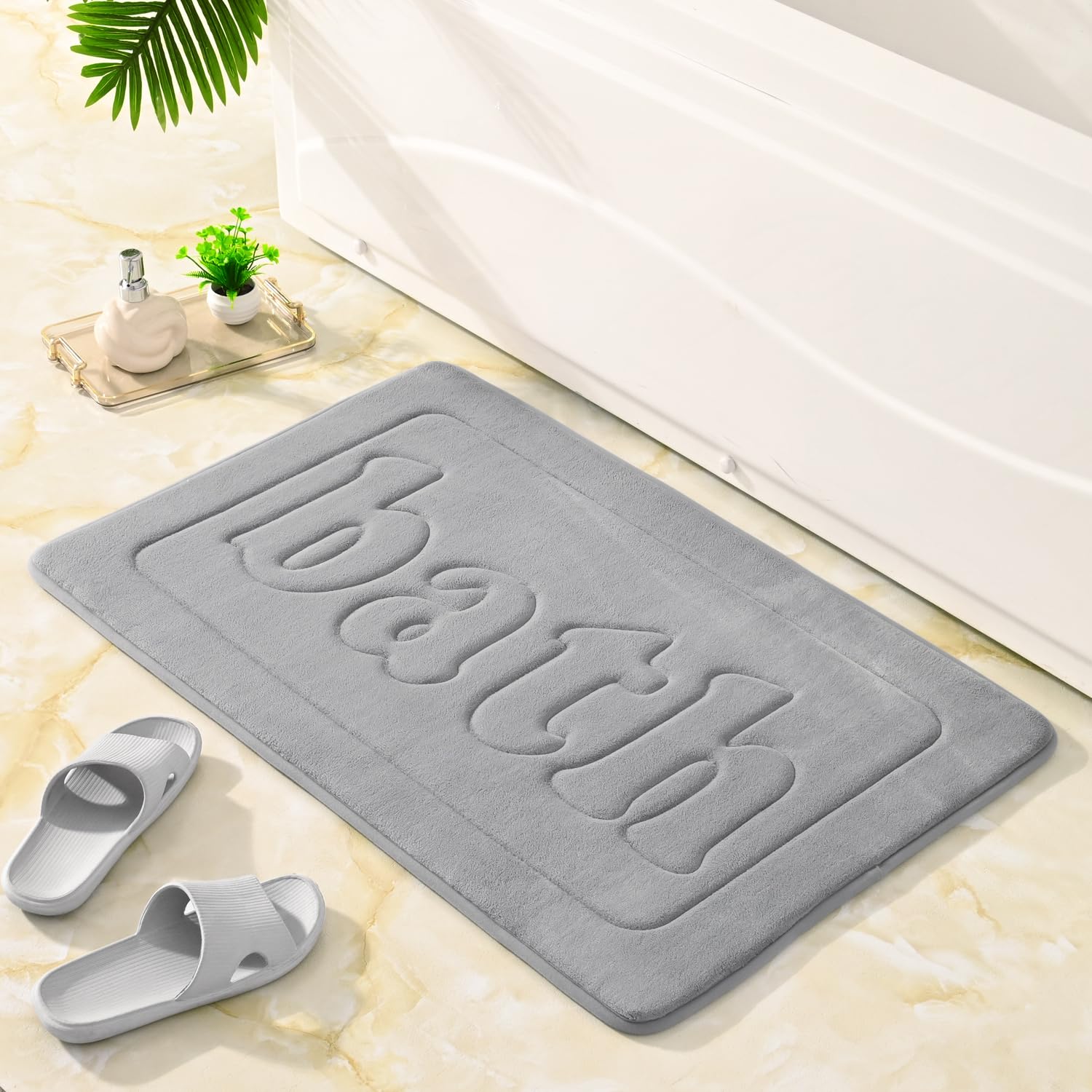 Memory Foam Bath Mat Gray Bath Mats for Bathroom Non Slip Floor Rugs, Super Absorbent Bathmat Quick Dry, Machine Washable Bathroom Rug, Ultra Soft Coral Velvet Carpet for Shower,Tub 24"x36"