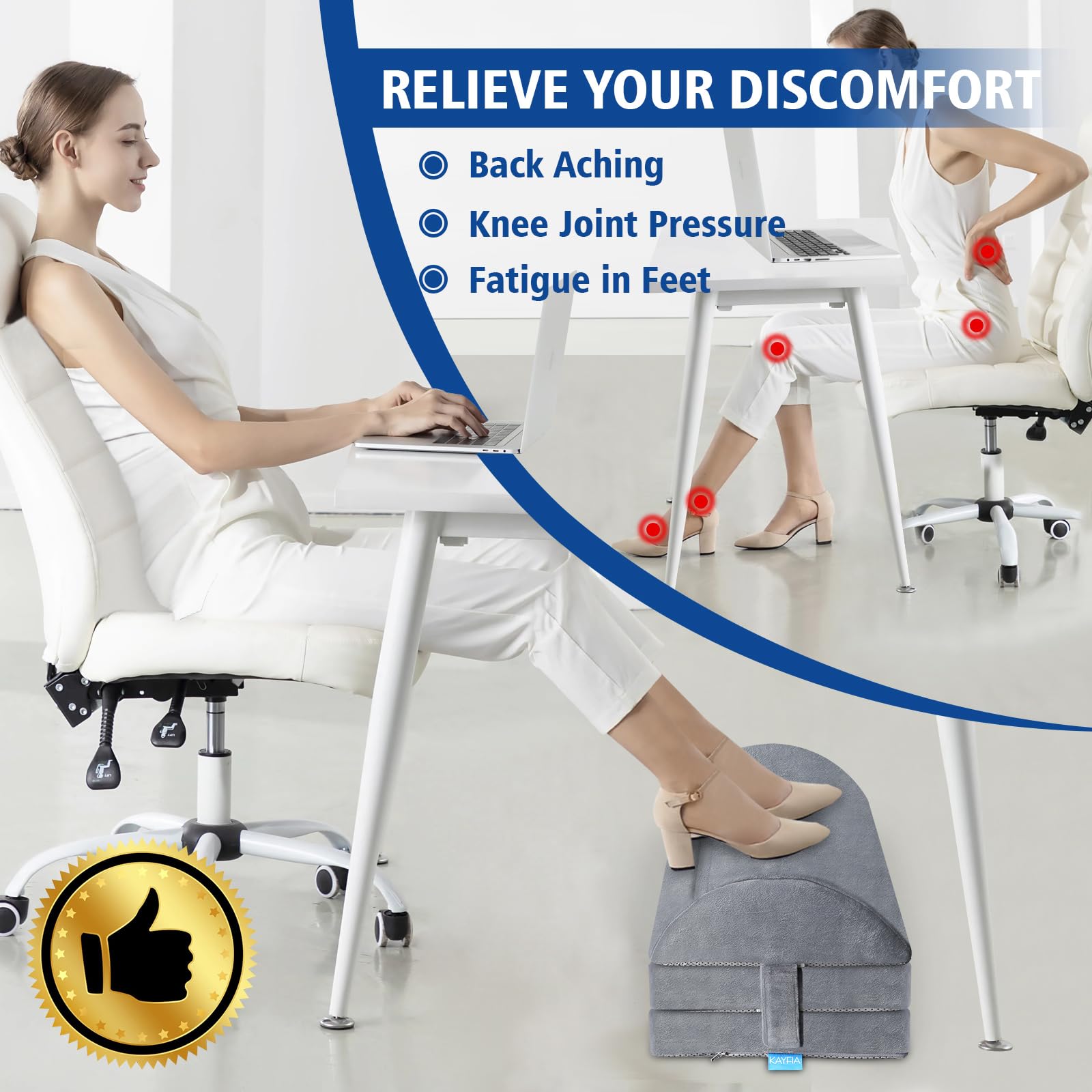 KAYFIA Foot Rest for Under Desk at Work XX-Large with 3 Adjustable Heights，Foot Stool with Supportive Gel-Infused Foam, Warmer Feet Pocket Footrest for Office Gaming Chair, for Leg Support -Gray