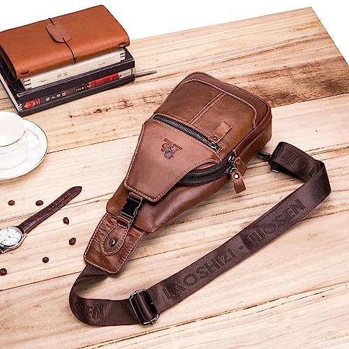 pundarika Leather Sling Bag for men Chest Bag shoulder bag crossbody casual chest pack Sling Backpack man bag-Brown