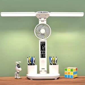 desk lamp led, lamp with fan - foldable multifunction table lamp with clock date and calendar - led desk light with pen holder for bedroom, home office desk lamp - reading table lamp