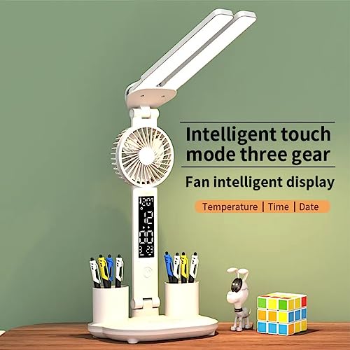 Desk Lamp LED, Lamp with Fan - Foldable Multifunction Table Lamp with Clock Date and Calendar - Led Desk Light with Pen Holder for Bedroom, Home Office Desk Lamp - Reading Table Lamp