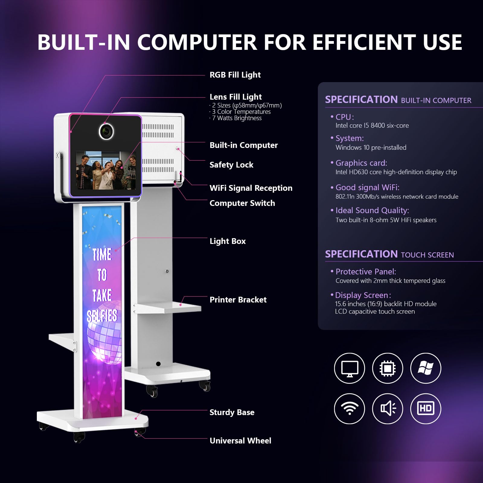 RAUBAY Camera Photo Booth Machine, Portable DSLR Selfie Station with 15.6" Touch Screen PC, APP Control LCD Screen Metal Shell Stand, RGB Fill Light, Flight Case for Wedding, Parties, Rental Business