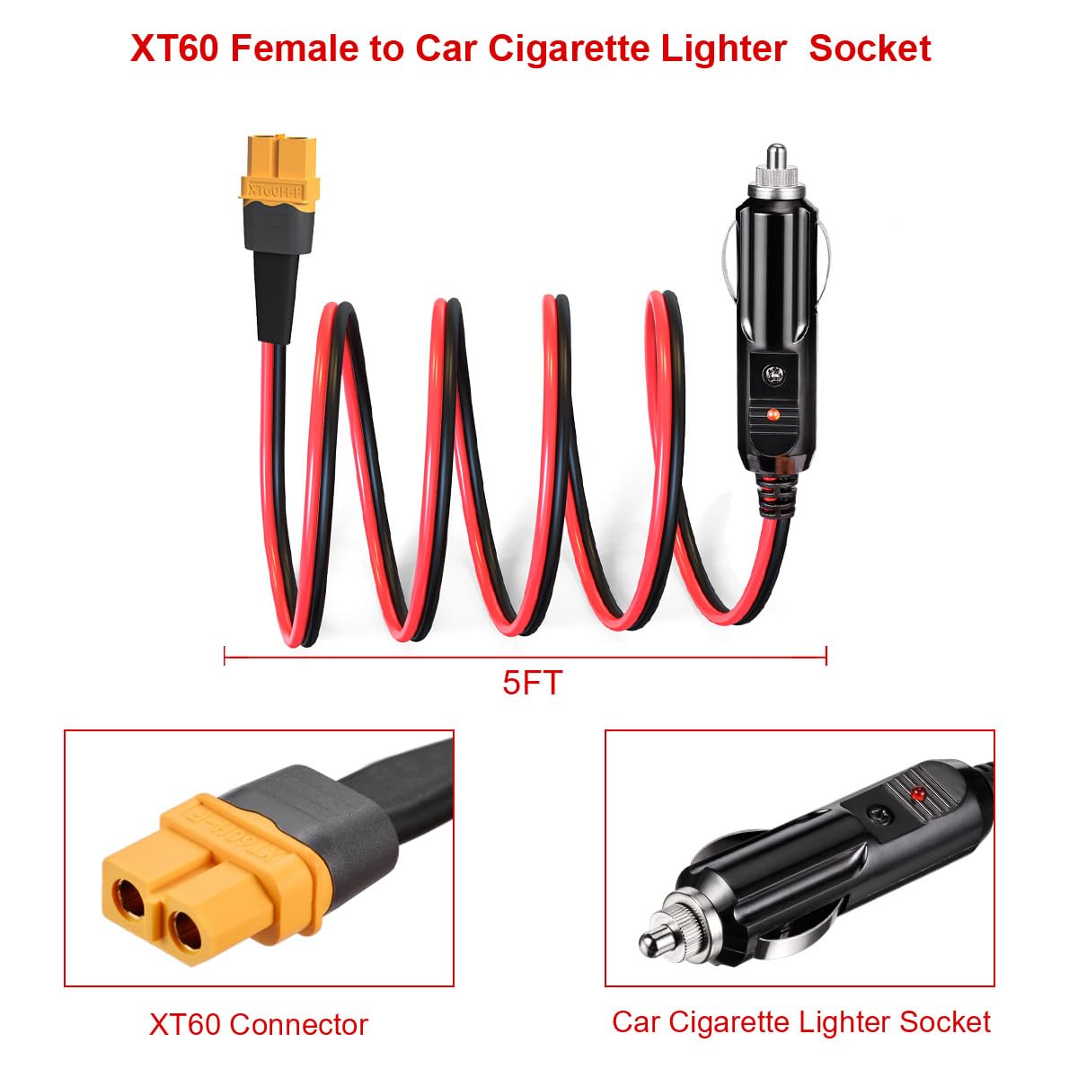 ELFCULB XT60 Female to Car Cigarette Lighter 14AWG 12V Cigarette Lighter Male Plug Connector Cable for Portable Solar Generator Power Station(5FT)