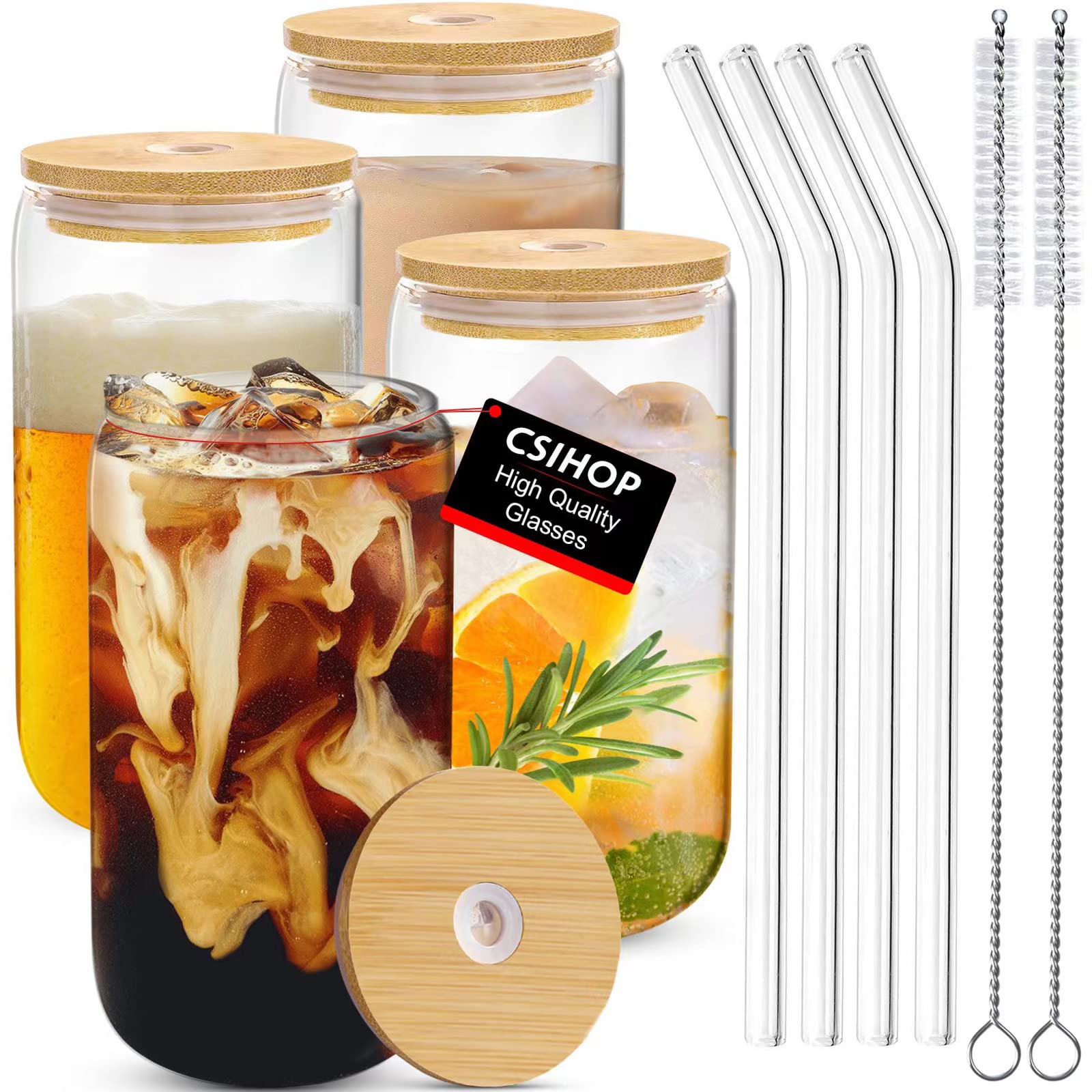 4pcs Set Drinking Glasses With Bamboo Lid And Glass Straw - 16oz Can Shaped Drinking Glass Set, Iced Coffee Mug, Cute Tumbler Cup, Whiskey, Water- Gift Best Choice - 2 Cleaning Brushes (2)