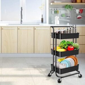 MULIKE 3 Tier Rolling Cart,Black Metal Storage Organizer Utility Cart on Lockable Wheels, for Kitchen,Living Room,Office,Bathroom (Black)