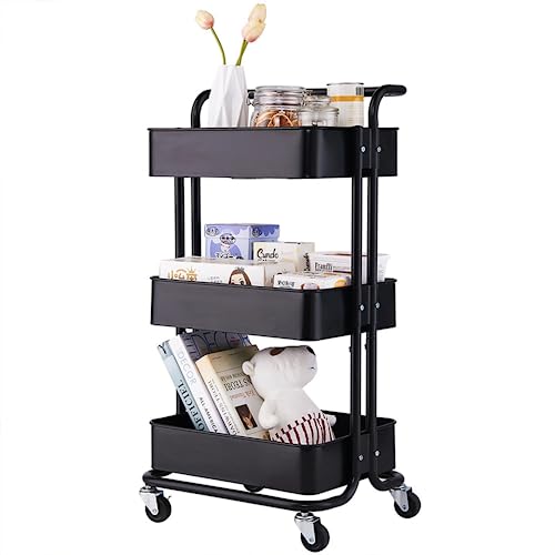 MULIKE 3 Tier Rolling Cart,Black Metal Storage Organizer Utility Cart on Lockable Wheels, for Kitchen,Living Room,Office,Bathroom (Black)