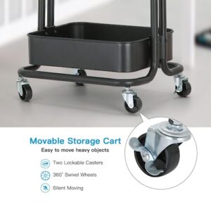 MULIKE 3 Tier Rolling Cart,Black Metal Storage Organizer Utility Cart on Lockable Wheels, for Kitchen,Living Room,Office,Bathroom (Black)