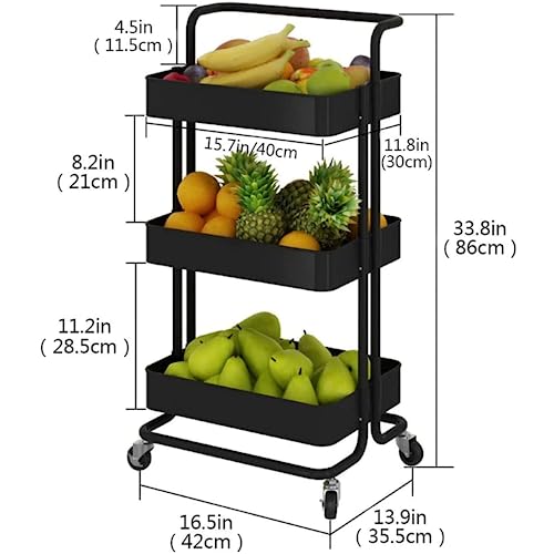 MULIKE 3 Tier Rolling Cart,Black Metal Storage Organizer Utility Cart on Lockable Wheels, for Kitchen,Living Room,Office,Bathroom (Black)