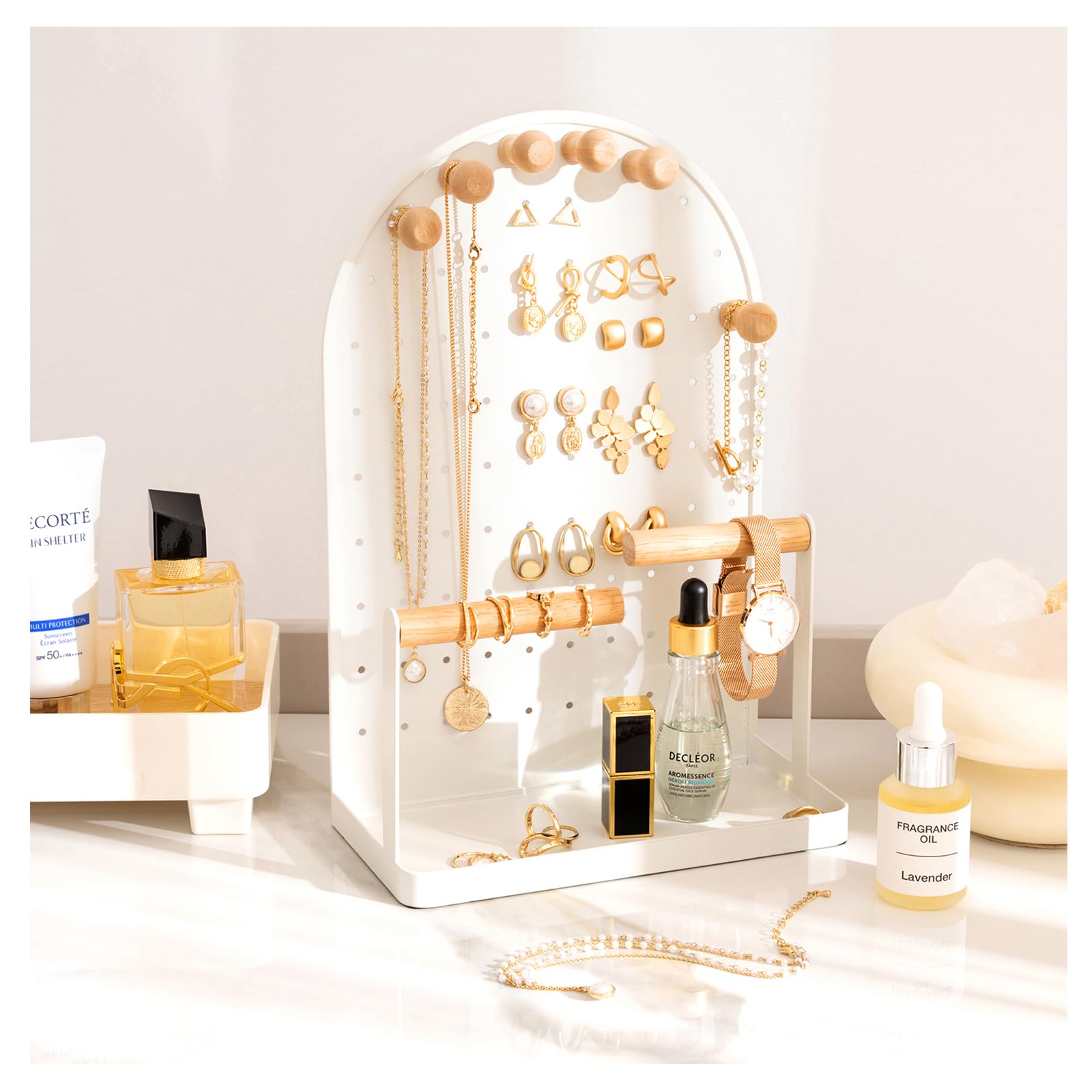 ProCase Cute Jewelry Organizer Stand Earring Holder Organizer for Dorm, Aesthetic Necklace Stand with 6 Removable Wood Hooks, Small Jewelry Display Rack with Bottom Tray for Bracelets Rings -White