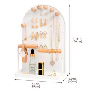 ProCase Cute Jewelry Organizer Stand Earring Holder Organizer for Dorm, Aesthetic Necklace Stand with 6 Removable Wood Hooks, Small Jewelry Display Rack with Bottom Tray for Bracelets Rings -White