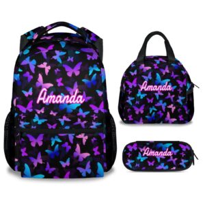 gihswe custom butterfly backpack with lunch box, personalized set of 3 school backpacks matching combo, cute lightweight purple bookbag and pencil case bundle
