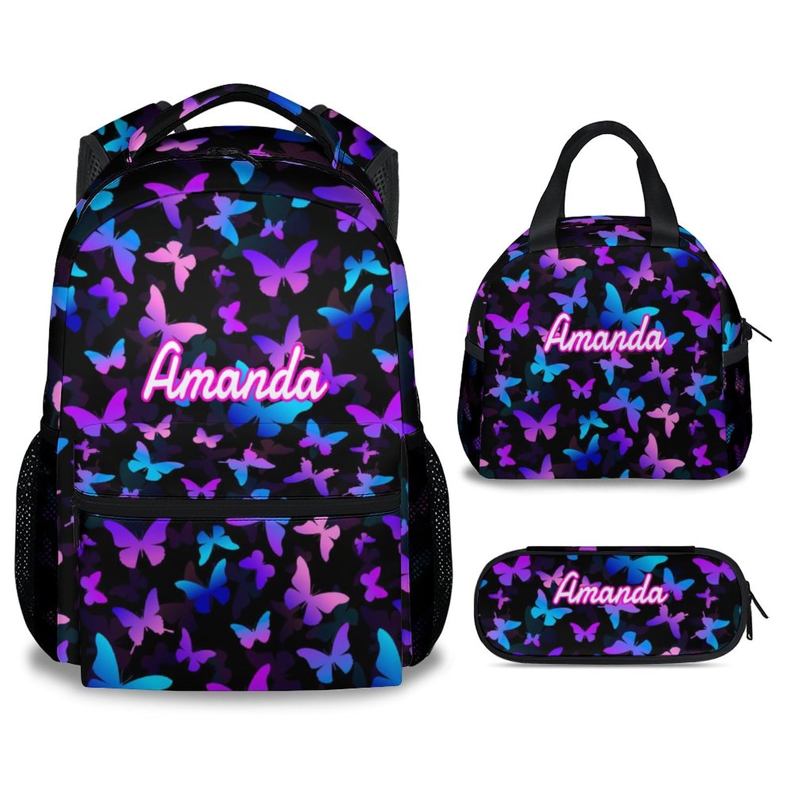 GIHSWE Custom Butterfly Backpack with Lunch Box, Personalized Set of 3 School Backpacks Matching Combo, Cute Lightweight Purple Bookbag and Pencil Case Bundle