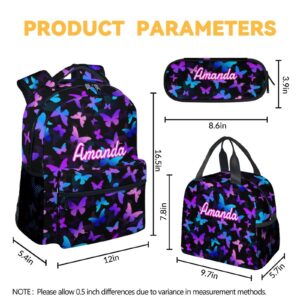GIHSWE Custom Butterfly Backpack with Lunch Box, Personalized Set of 3 School Backpacks Matching Combo, Cute Lightweight Purple Bookbag and Pencil Case Bundle