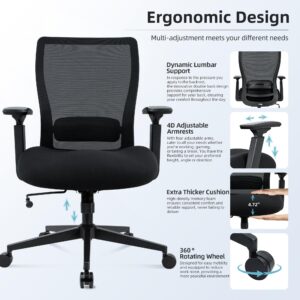 Big and Tall Office Chair 400lbs Heavy Duty Computer Chair, Wide Seat Desk Chair Ergonomic Mesh Chair, 4D Armrest Metal Base Thick Padded Seat Cushion, Adjustable Plus Size Rolling Chair