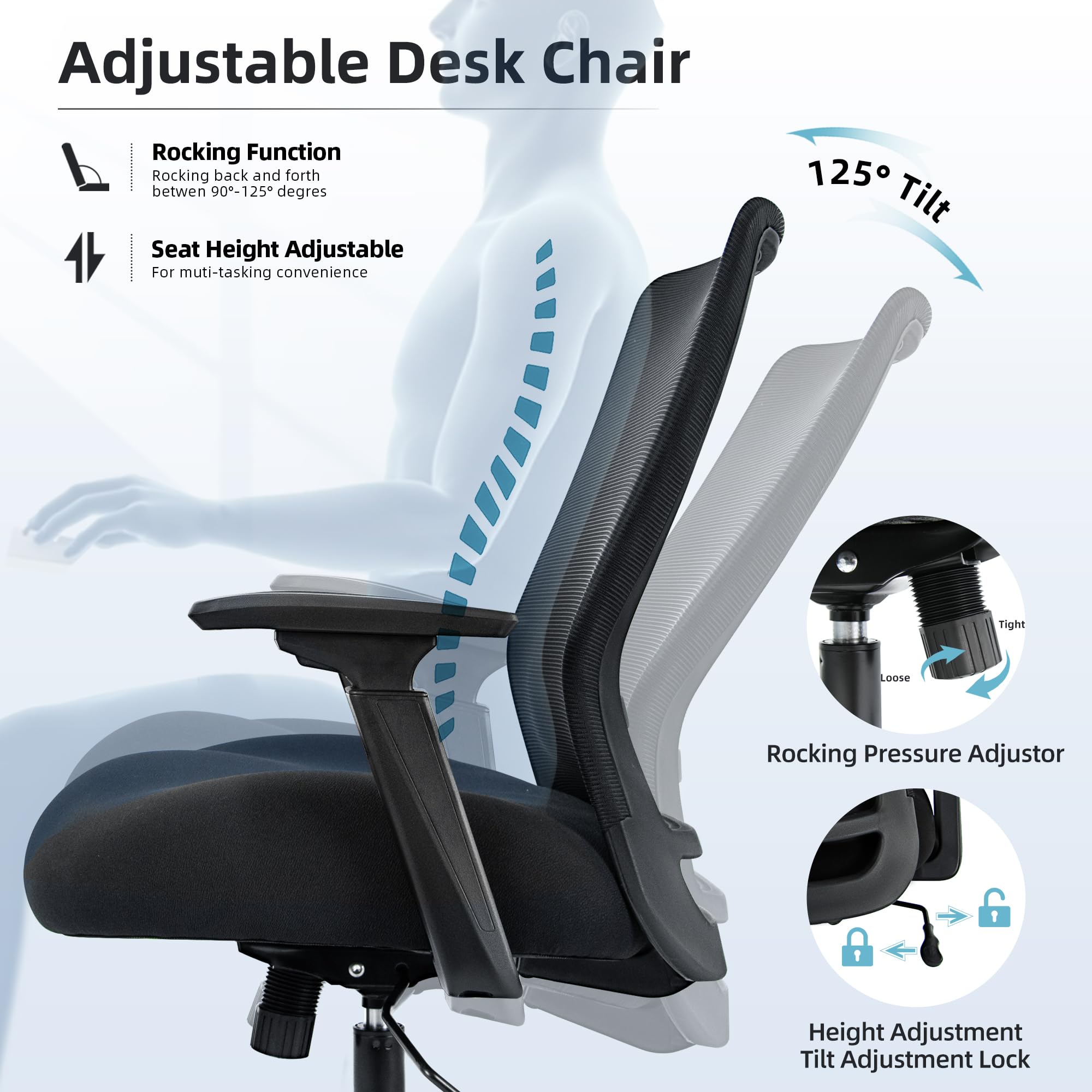 Big and Tall Office Chair 400lbs Heavy Duty Computer Chair, Wide Seat Desk Chair Ergonomic Mesh Chair, 4D Armrest Metal Base Thick Padded Seat Cushion, Adjustable Plus Size Rolling Chair